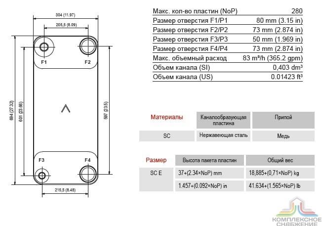 Габаритный чертёж и параметры паяного пластинчатого теплообменника SWEP VX400